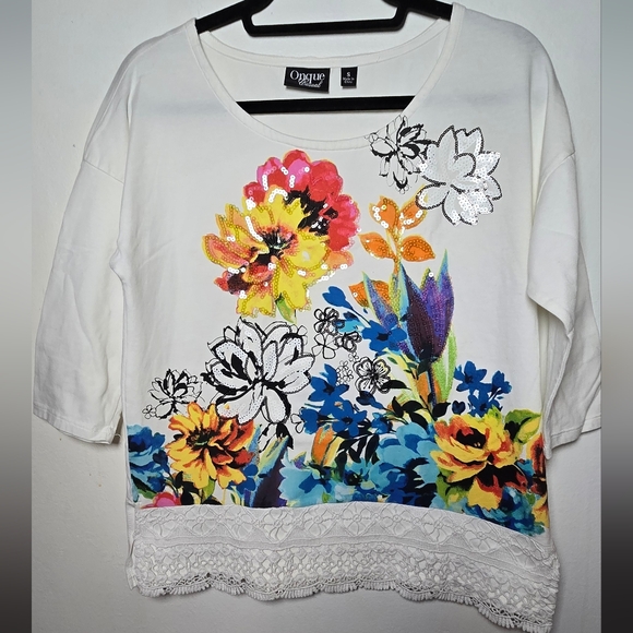 Onque Womens Casual Floral Tunic with Sequin & Crochet Accents Size Small - Picture 14 of 14